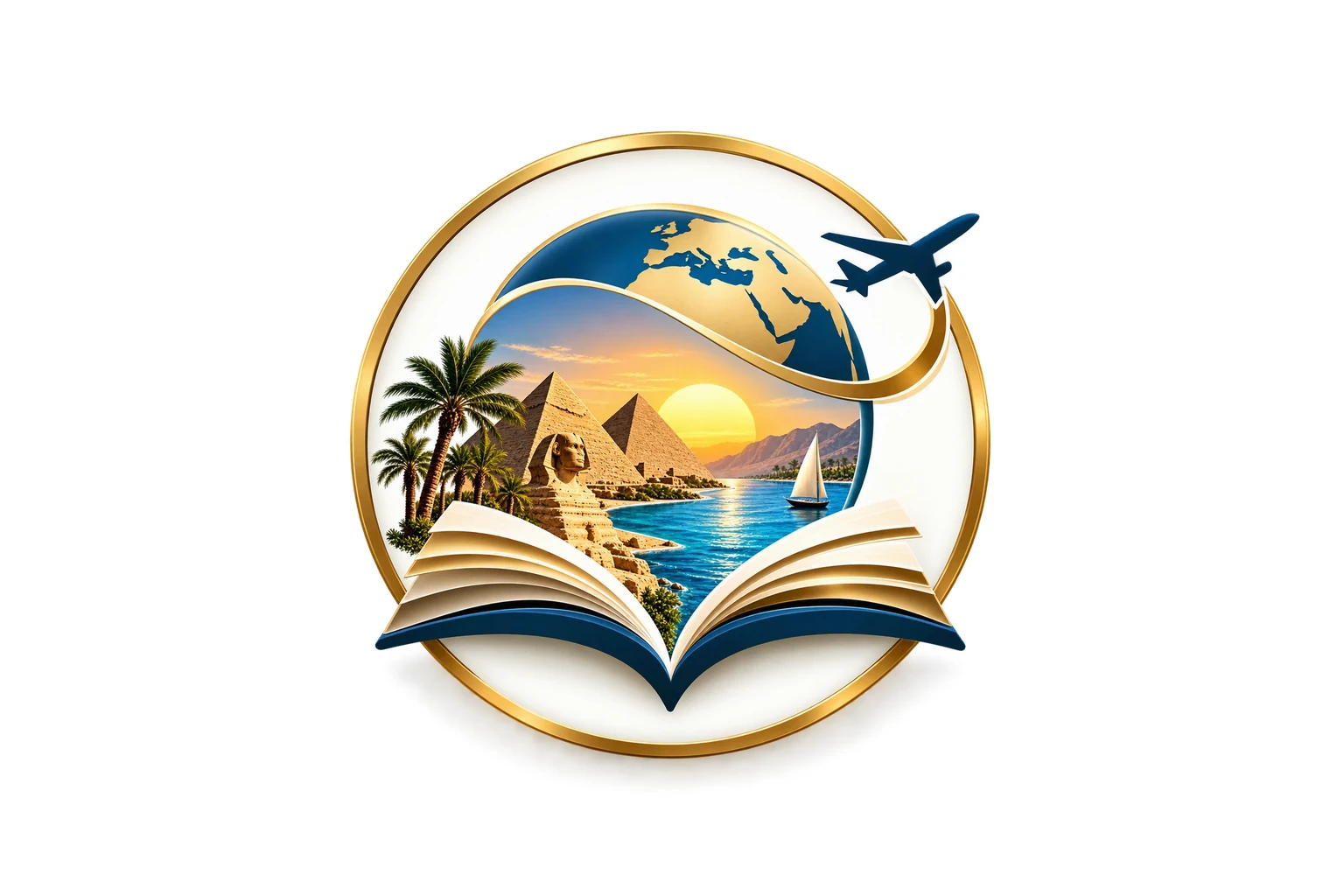 FREILY TOURS Blog: aufgeschlagenes Buch mit Pyramiden von Gizeh, Sphinx und Segelboot am Roten Meer, dahinter Erdkugel und Flugzeug