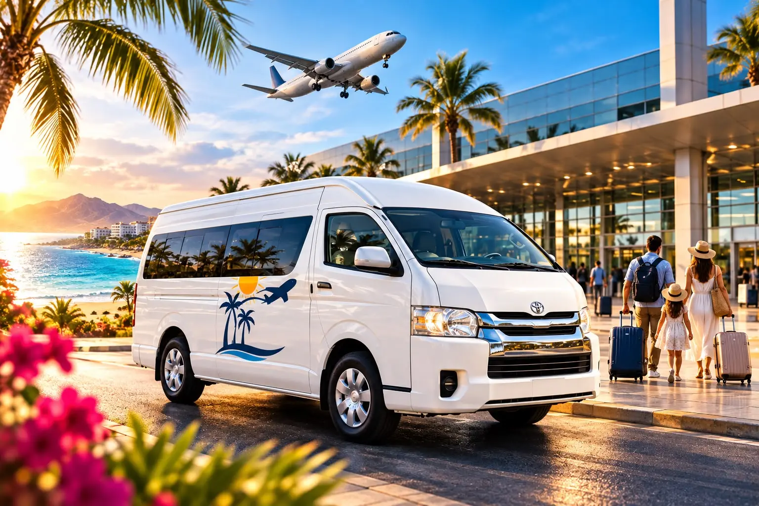 Transferbus vor dem Flughafen mit Reisenden