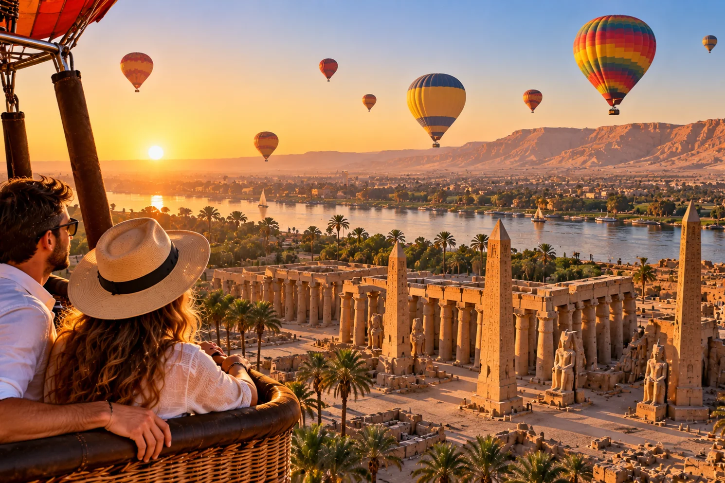 Heißluftballon steigt bei Sonnenaufgang über Luxor auf