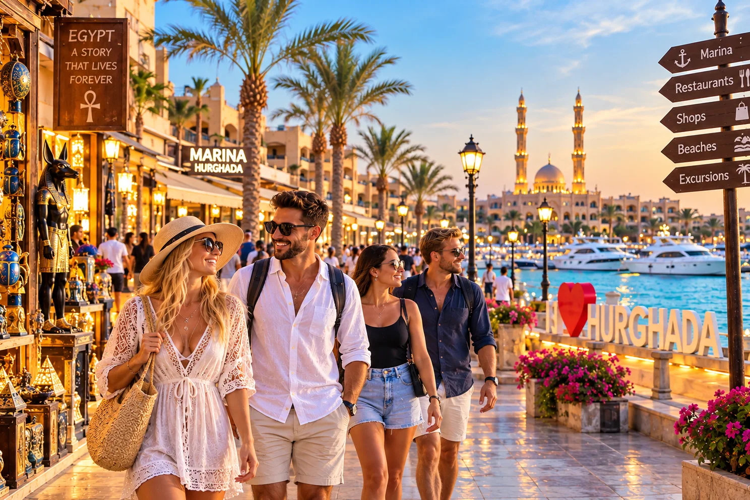 Reisegruppe schlendert an der Promenade der Marina Hurghada entlang bei Sonnenuntergang