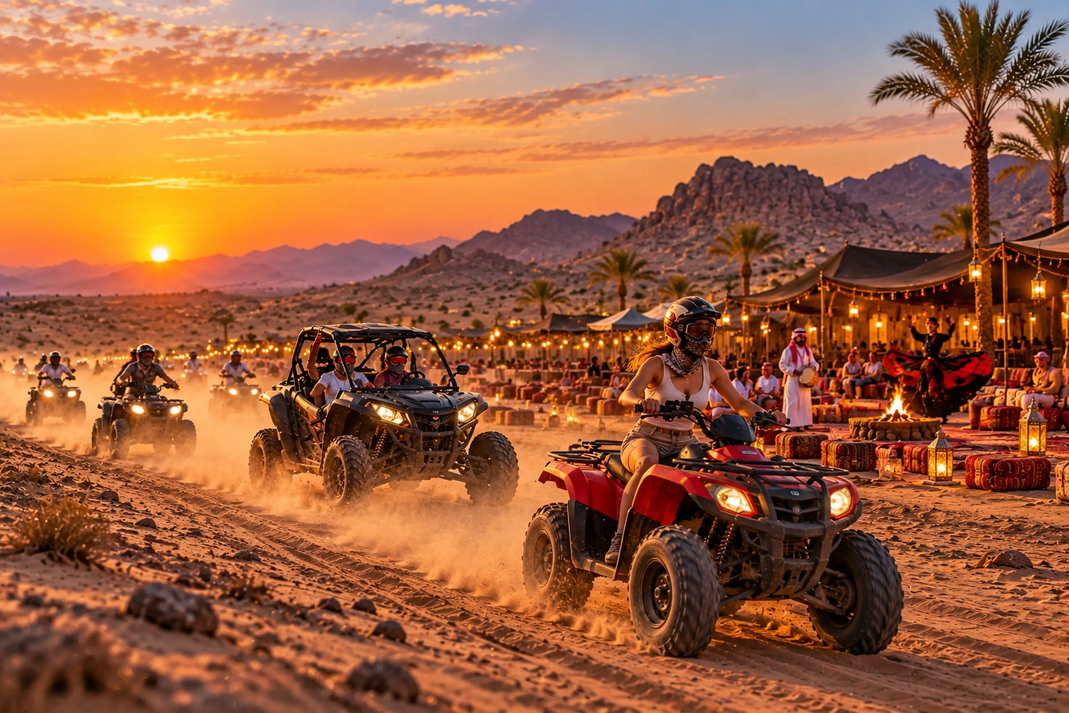 Quads und Buggys fahren bei Sonnenuntergang durch die Wüste bei Hurghada
