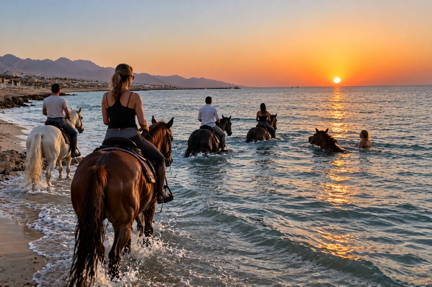 Pferd am Strand des Roten Meeres im goldenen Licht des Sonnenuntergangs