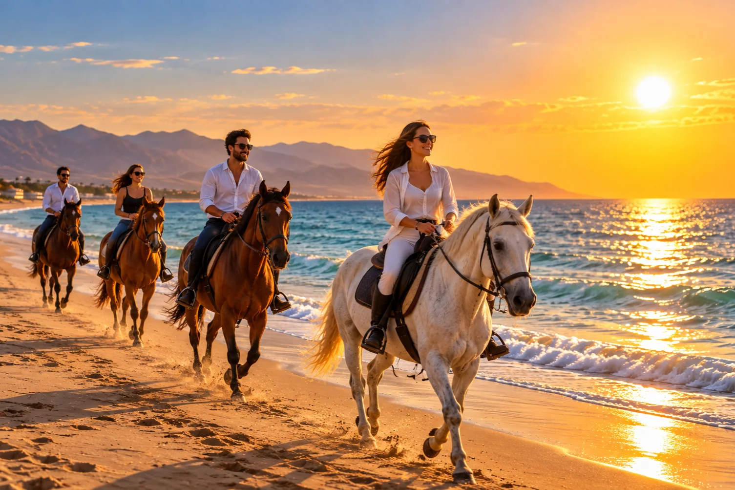 Pferd am Strand des Roten Meeres im goldenen Licht des Sonnenuntergangs